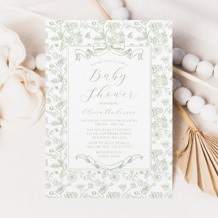 Elegant Sage Green Bow Vintage Floral Baby Shower Invitation
