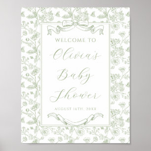 Elegant Sage Green Bow Vintage Floral Baby Shower Poster