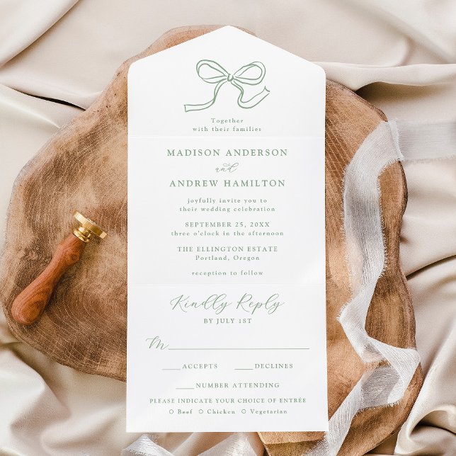 Elegant Sage Green Bow Wedding All In One Invitation (Creator Uploaded)