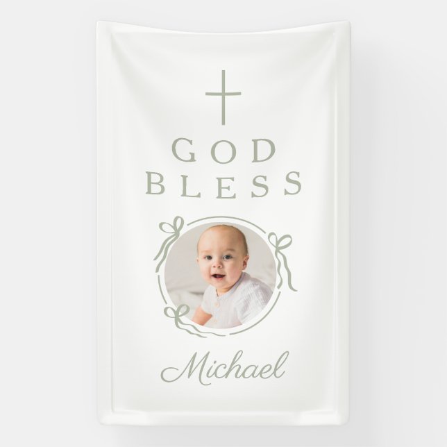 Elegant Sage Green Boy God Bless Photo Banner (Vertical)