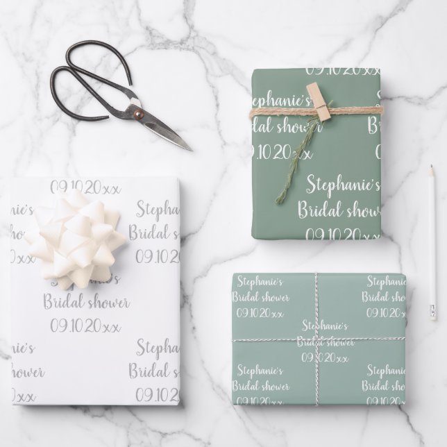Elegant Sage Green Bride Bridal Shower Wrapping Paper Sheets (Front)