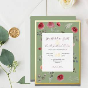 Elegant Sage Green Burgundy Roses Gold Foil Invita Invitation