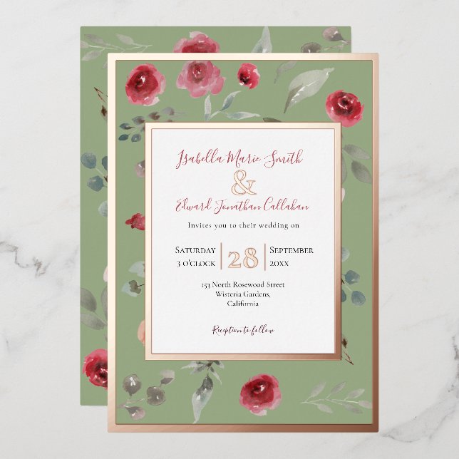 Elegant Sage Green Burgundy Roses Rose Gold  Foil Invitation (Front/Back)