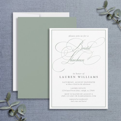 Elegant Sage Green Calligraphy Bridal Luncheon Invitation