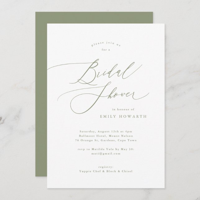 Elegant Sage Green Calligraphy Bridal Shower Invitation (Front/Back)