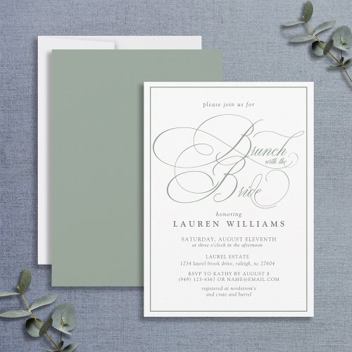 Elegant Sage Green Calligraphy Brunch With Bride Invitation