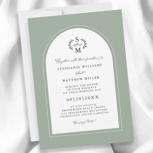 Elegant Sage Green Calligraphy Crest Arch Wedding Invitation