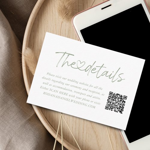 Elegant Sage Green Calligraphy Details QR Code Enclosure Card