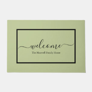 Elegant sage green calligraphy family name doormat
