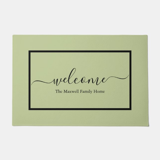 Elegant sage green calligraphy family name doormat (Front)