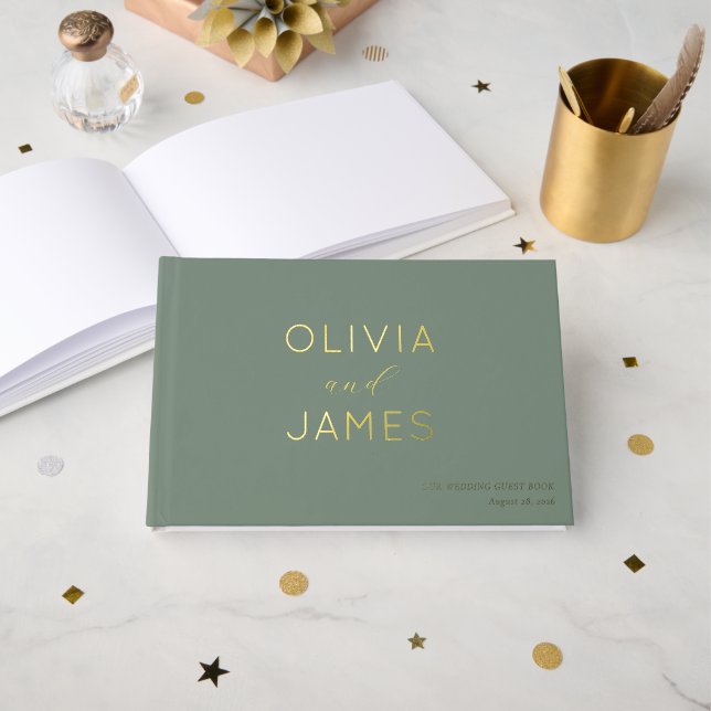 Elegant Sage Green Calligraphy Foil Guest Book (Front Open)