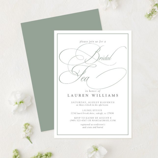 Elegant Sage Green Calligraphy Formal Bridal Tea Invitation (Creator Uploaded)