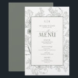 Elegant Sage Green Calligraphy Monogram Menu Card<br><div class="desc">This elegant sage-green wedding menu is thoughtfully designed for couples who understand that the meal is not just a course-by-course experience, but an integral part of the atmosphere they curate. Subtle botanical line art frames your menu selections with quiet sophistication, ensuring each guest feels like an honored participant in your...</div>