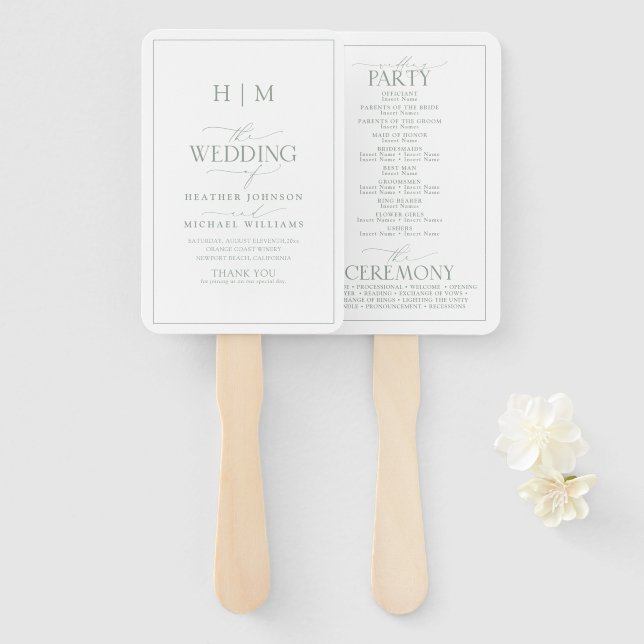 Elegant Sage Green Calligraphy Monogram Program Hand Fan (Front and Back)