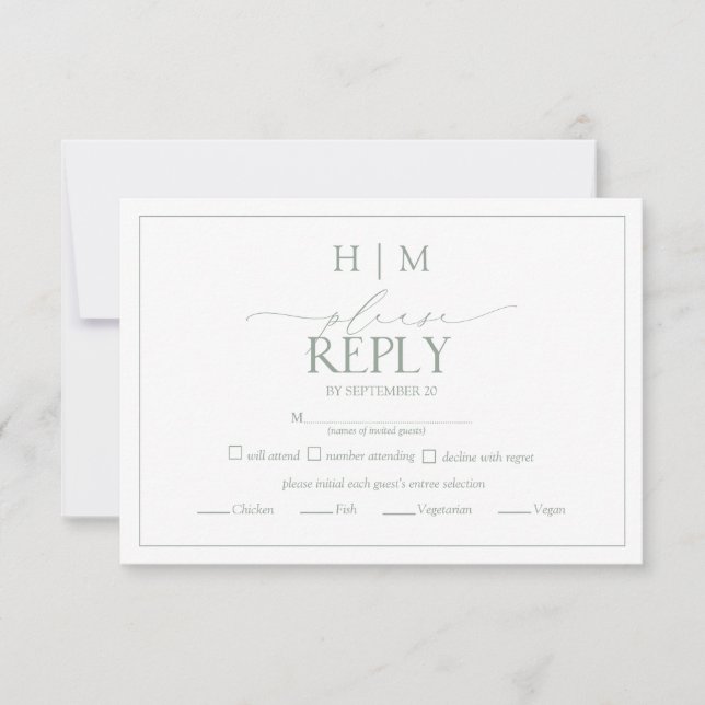 Elegant Sage Green Calligraphy Monogram RSVP (Front)