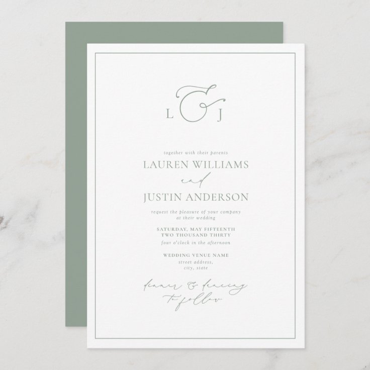 Elegant Sage Green Calligraphy Monogram Wedding Invitation | Zazzle