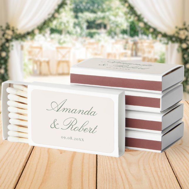 Elegant Sage Green Calligraphy Monogram Wedding Matchboxes (Creator Uploaded)