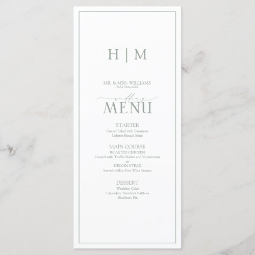 Elegant Sage Green Calligraphy Monogram Wedding Menu