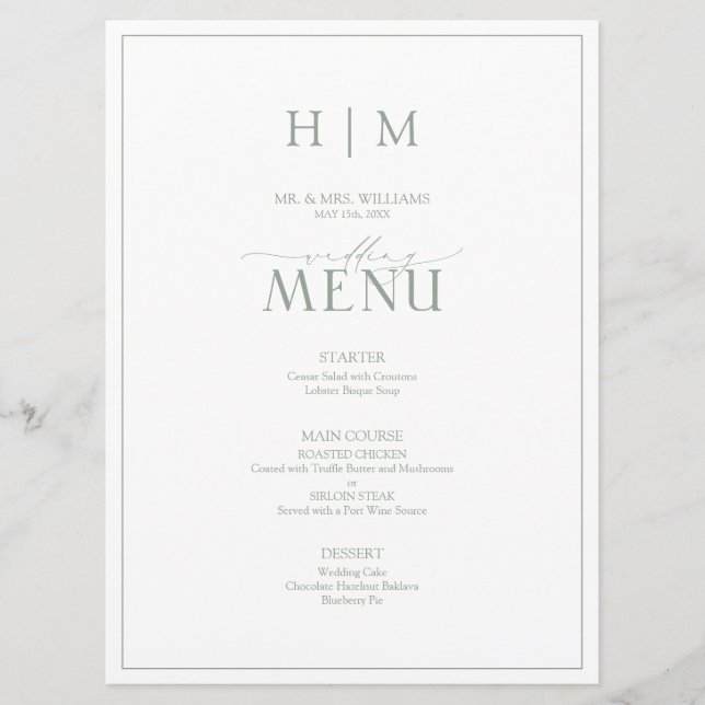 Elegant Sage Green Calligraphy Monogram Wedding Menu (Front)