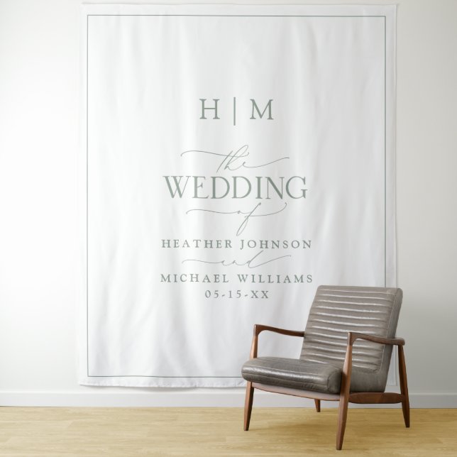 Elegant Sage Green Calligraphy Monogram Wedding Tapestry (In Situ)