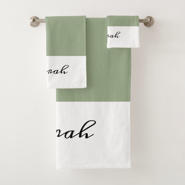 Elegant Sage Green Calligraphy Name Bath Towel Set (Insitu)