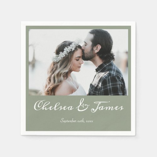 Elegant Sage Green Calligraphy Photo Wedding  Napkins