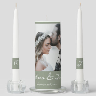 Elegant Sage Green Calligraphy Photo Wedding  Unity Candle Set