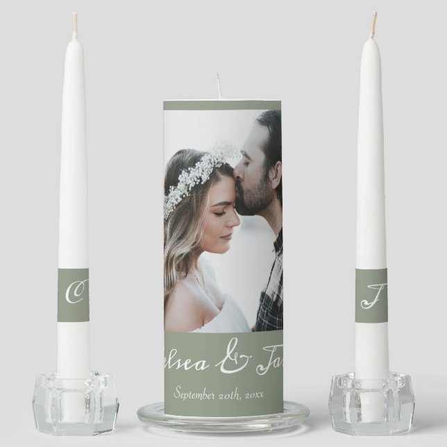 Elegant Sage Green Calligraphy Photo Wedding  Unity Candle Set (Front)