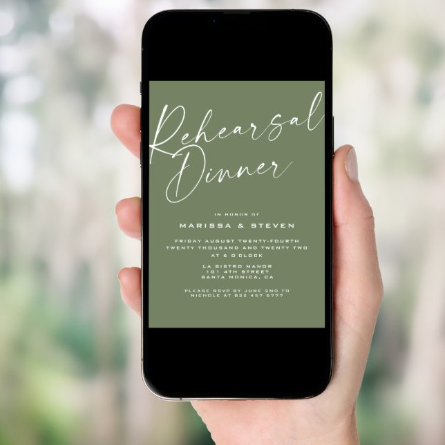 Elegant Sage Green Calligraphy Rehearsal Dinner  Invitation (Front Digital)