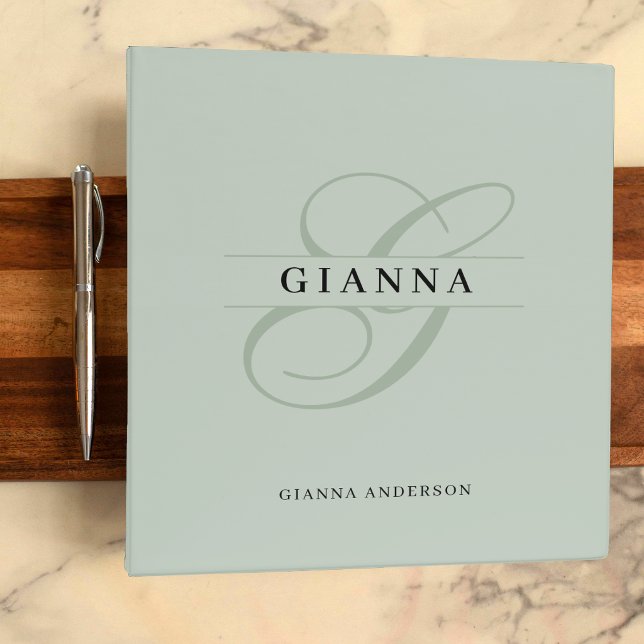 Elegant Sage Green Calligraphy Split Monogram 3 Ring Binder (Creator Uploaded)