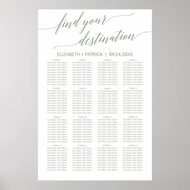 Elegant Sage Green Calligraphy Travel Seating Plan Poster (Front)