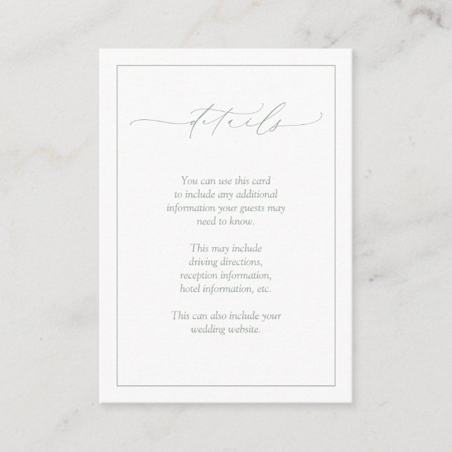 Elegant Sage Green Calligraphy Wedding Details Enclosure Card (Front)