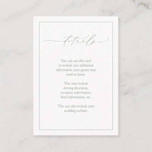 Elegant Sage Green Calligraphy Wedding Details Enclosure Card