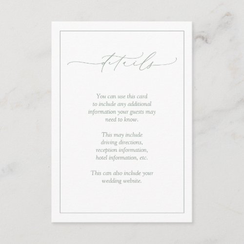 Elegant Sage Green Calligraphy Wedding Details Enclosure Card