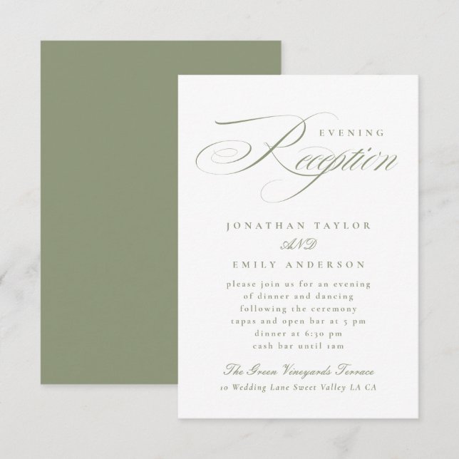 Elegant Sage Green Calligraphy Wedding Reception Enclosure Card (Front/Back)