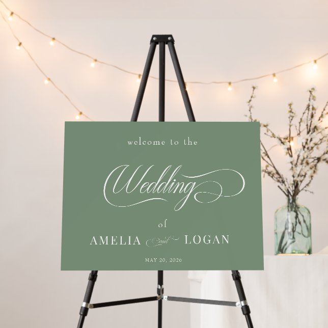 Elegant Sage Green Calligraphy  | Wedding Welcome  Foam Board (In Situ (Stand))
