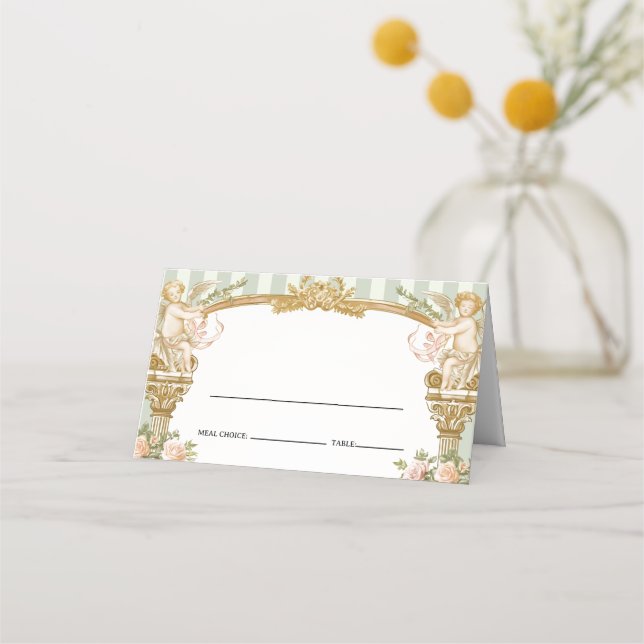 Elegant Sage Green Cherub Wedding Place Card (Front)