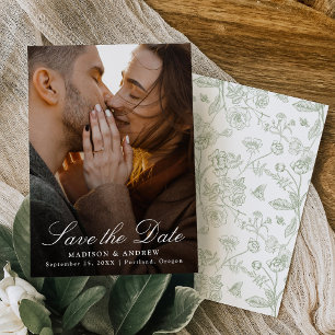 Elegant Sage Green Chinoiserie Photo Wedding Save The Date