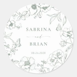 Elegant Sage Green Classic Floral Wedding Round Sticker