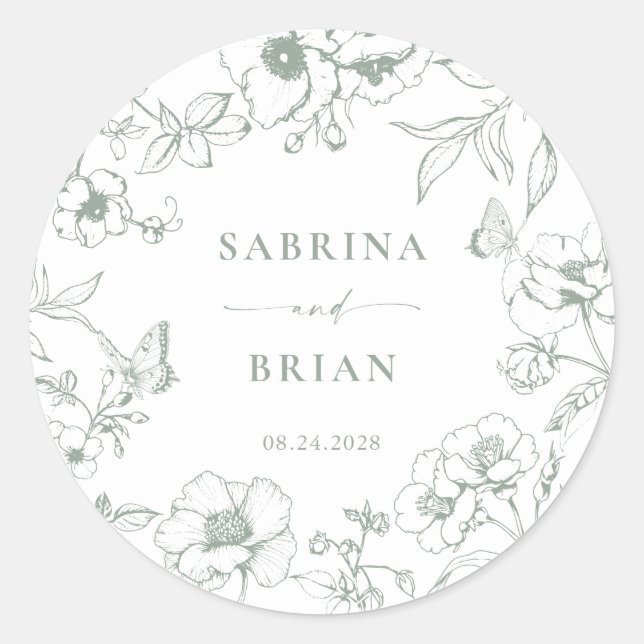 Elegant Sage Green Classic Floral Wedding  Round Sticker (Front)