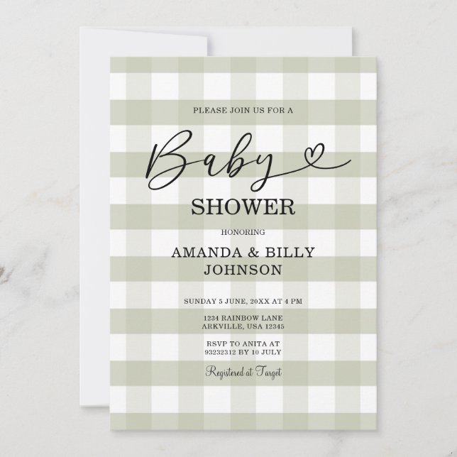 Elegant Sage Green Classic Gingham Baby Shower Invitation (Front)