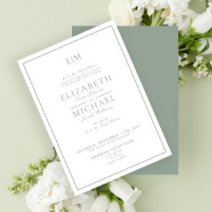Elegant Sage Green Classic Script Monogram Wedding Invitation