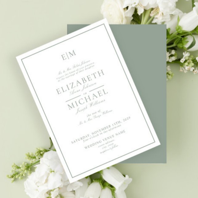 Elegant Sage Green Classic Script Monogram Wedding Invitation (Creator Uploaded)