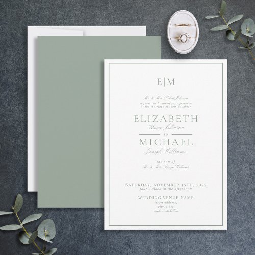 Elegant Sage Green Classic Script Monogram Wedding Invitation