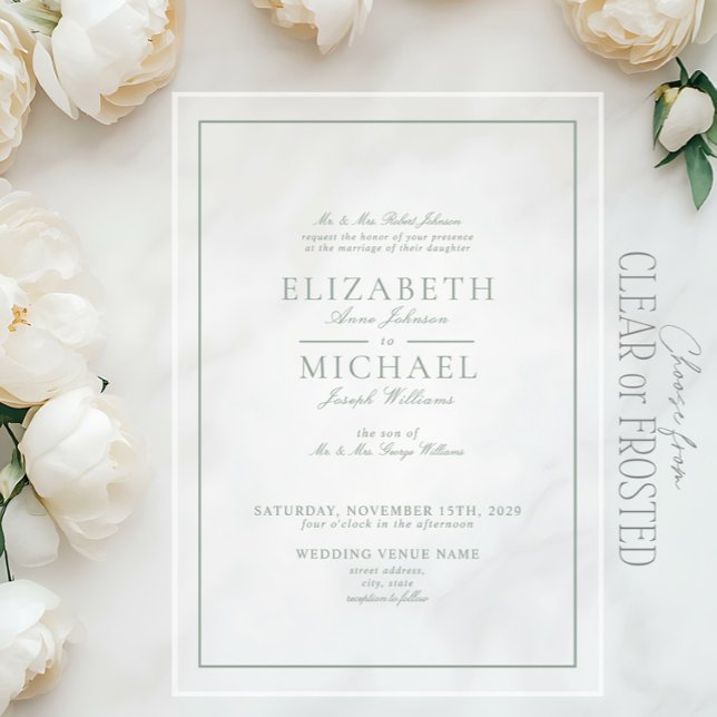 Elegant Sage Green Classic Script Wedding Acrylic Invitations (Creator Uploaded)