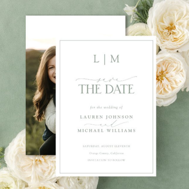 Elegant Sage Green Classy Monogram Photo Wedding Save The Date (Save the Date Invitation!)