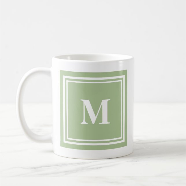 Elegant Sage Green Colored Block Frame Monogram Coffee Mug (Left)