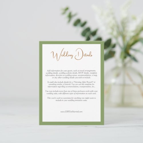 Elegant Sage Green Copper Wedding Details Enclosure Card