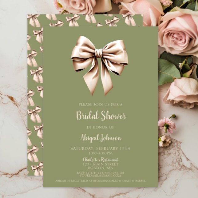 Elegant Sage Green Coquette Bow Bridal Shower Invitation (Elegant Sage Green Coquette Bow Bridal Shower Invitations, Wedding Shower, Modern, Beige Bows, Chic)