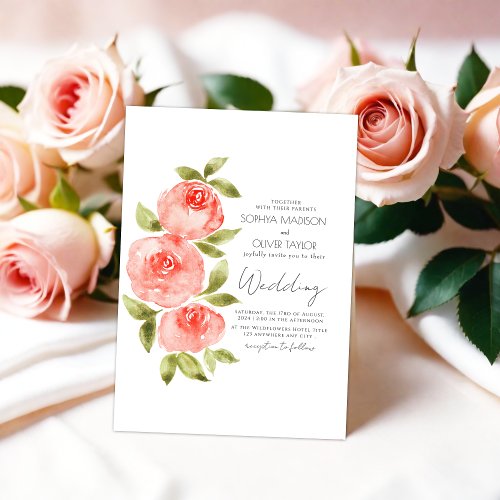 Elegant Sage Green Coral Boho Floral Wedding  Invitation